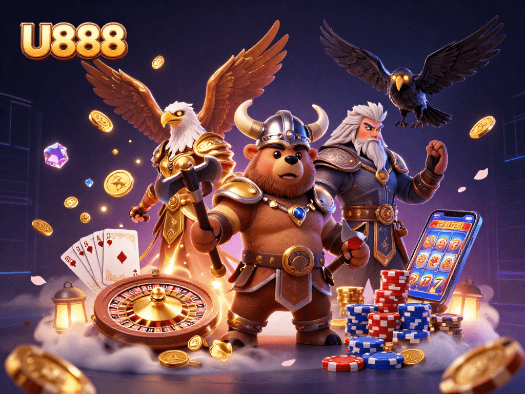 Experience the thrill of U888 with Viking characters and dynamic casino elements in 3D.