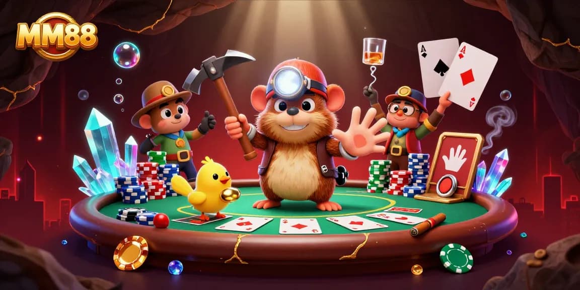 Experience thrilling gameplay at MM88 with a treasure hunter mole and poker elements in a vibrant casino scene.