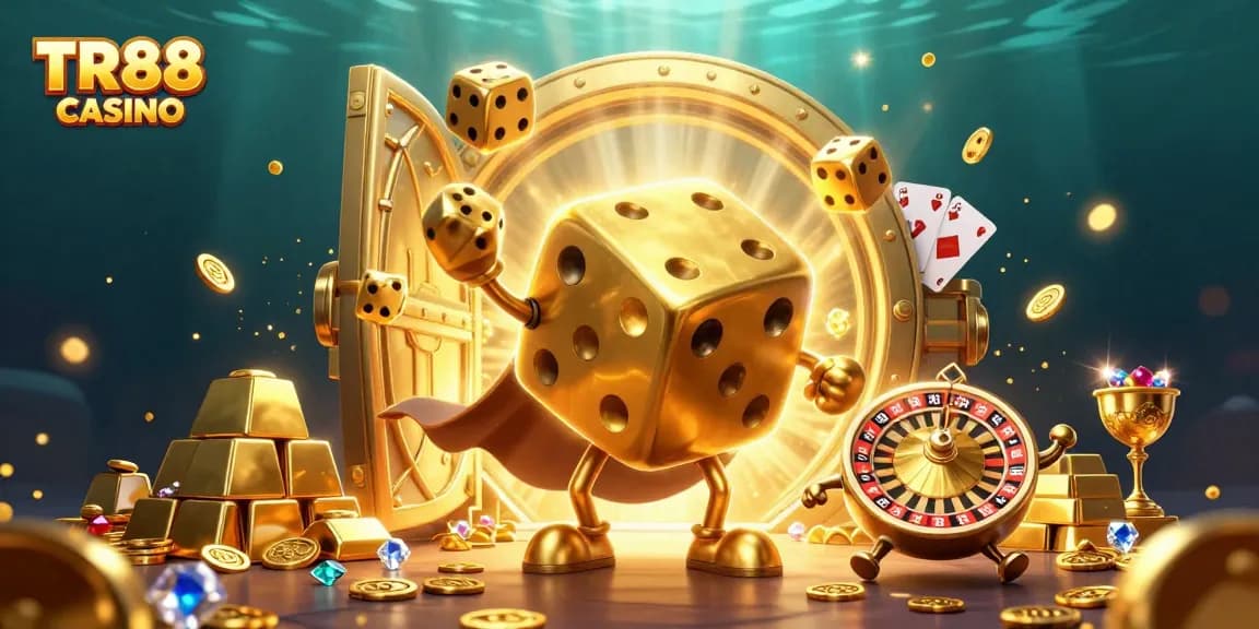 Experience the excitement of TR88 CASINO with a dynamic golden dice golem juggling in a treasure-filled scene.