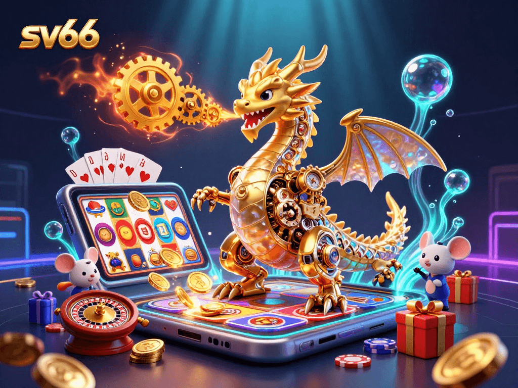 Experience the thrill of sv66 with a vibrant 3D casino scene filled with gaming excitement.