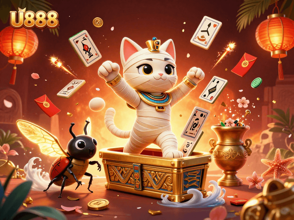 Experience vibrant U888 gaming action with a mummy cat and a scarab beetle in an exciting casino scene.