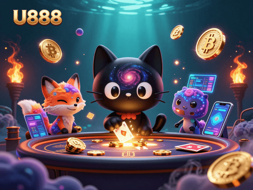 Experience the thrill of U888 with a vibrant cosmic casino scene featuring a black hole cat and nebula fox.