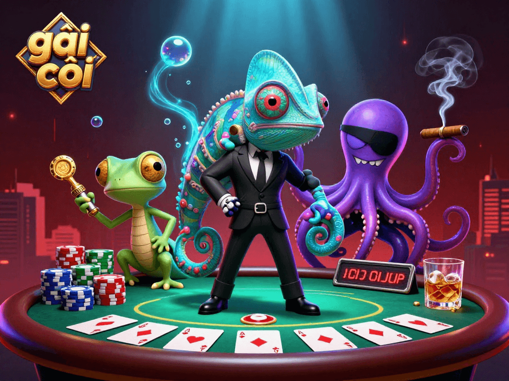 Gái gọi tham gia trò chơi poker với chameleon, gecko và octopus trong không gian sôi động.
