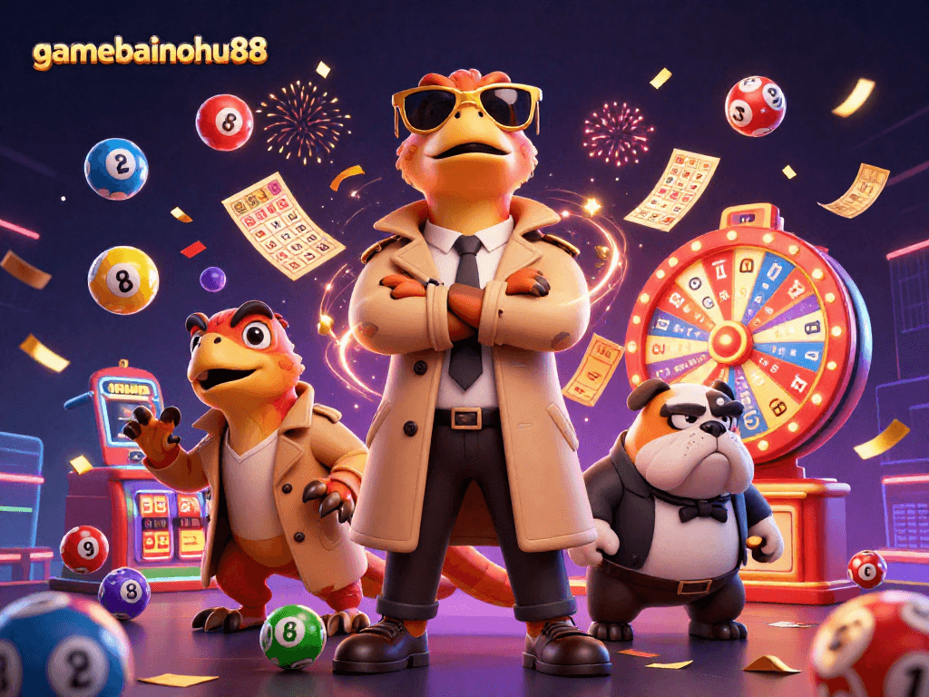 Play and win big in gamebainohu88 with colorful lottery elements and raptor characters.