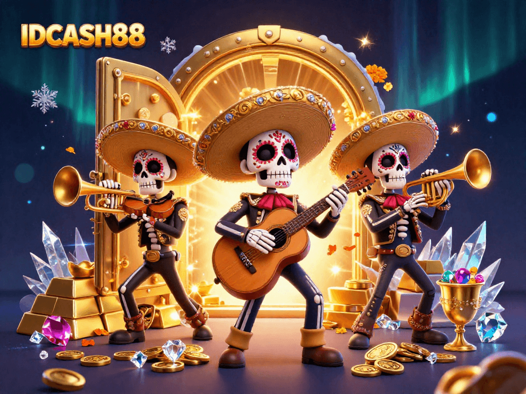 Win big with IDCASH88 in this vibrant 3D illustration of a mariachi band celebrating casino treasures.