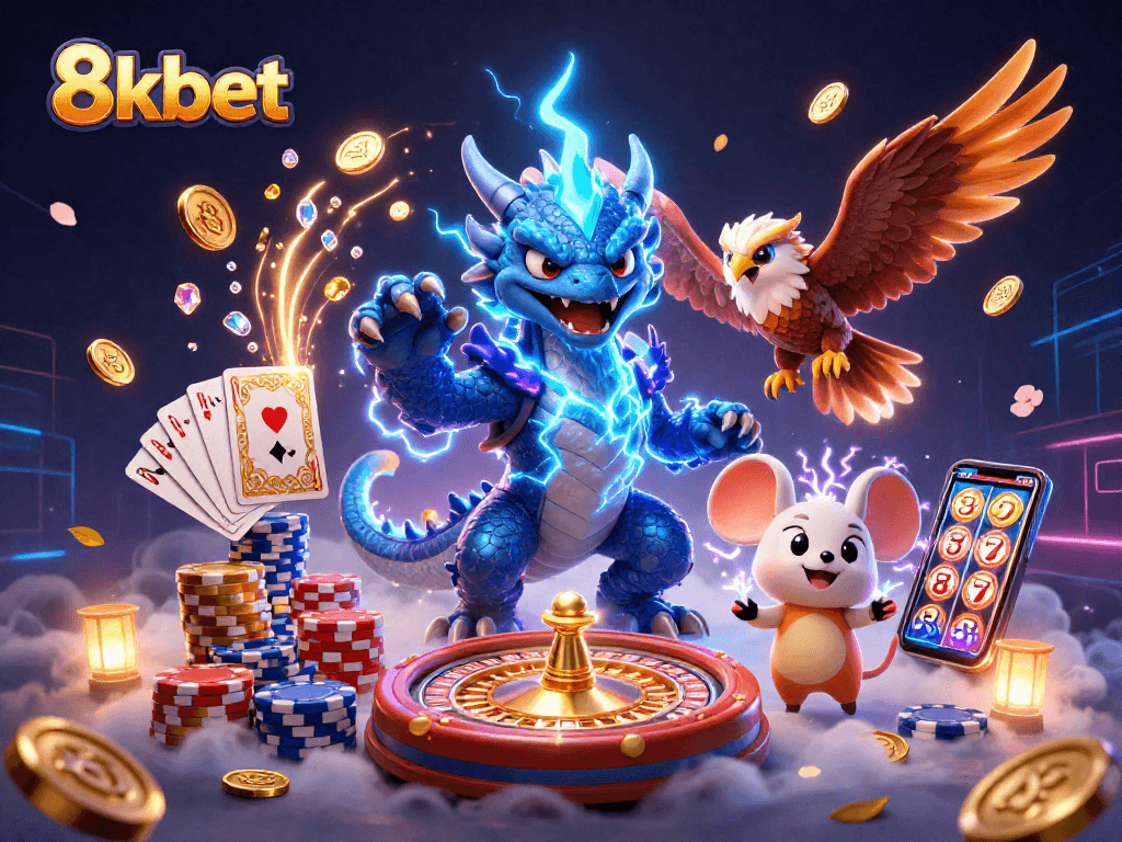 Engage with 8kbet's thrilling gaming experience, featuring dynamic characters and vibrant casino elements.