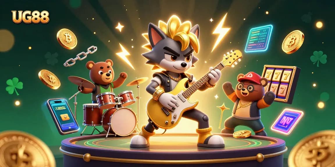 Experience thrilling gameplay at UG88 with a rock star wolf and vibrant casino elements.