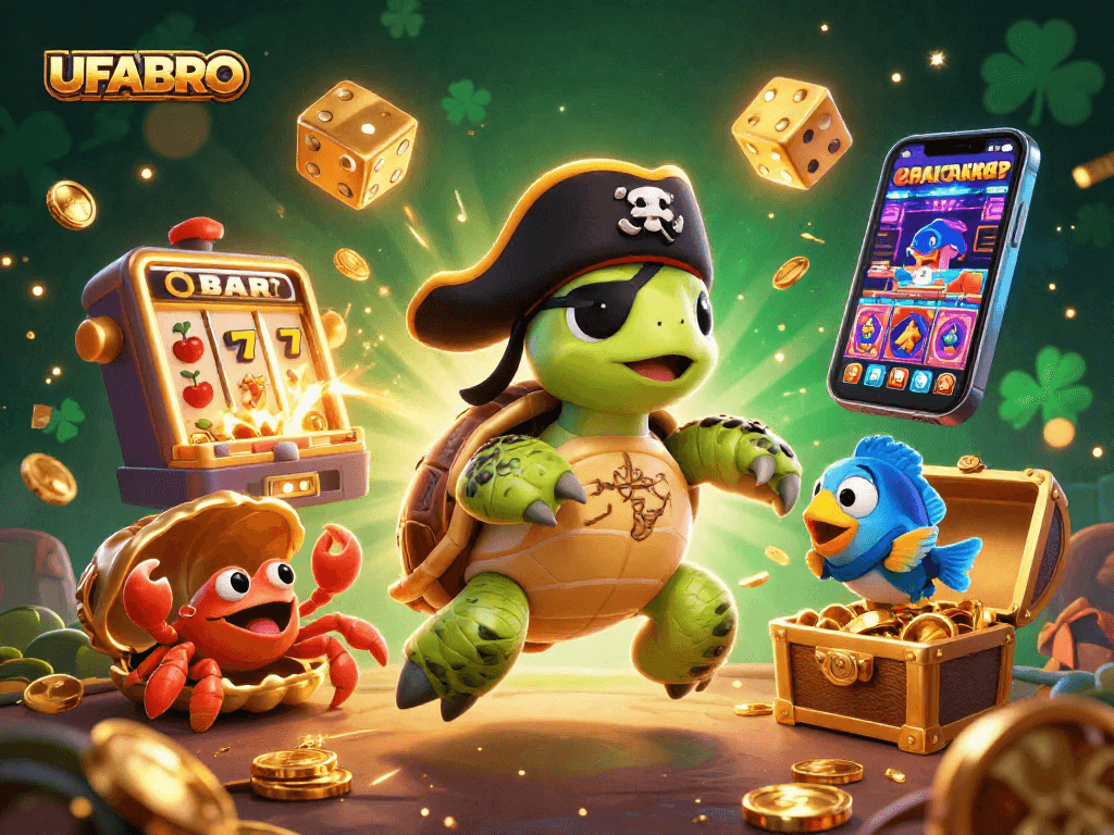 UFABRO showcases a thrilling casino scene with a pirate turtle and vibrant treasure elements.