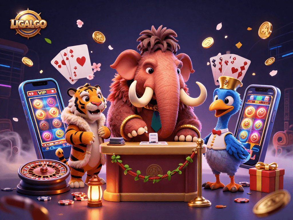 LIGALGO showcases a vibrant casino scene with a mammoth bouncer, tiger guest, and dodo doorman amidst exciting slot game visuals.