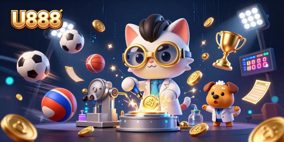 U888 elevates your gaming experience with mad scientist cat and dog amidst dynamic sports elements.