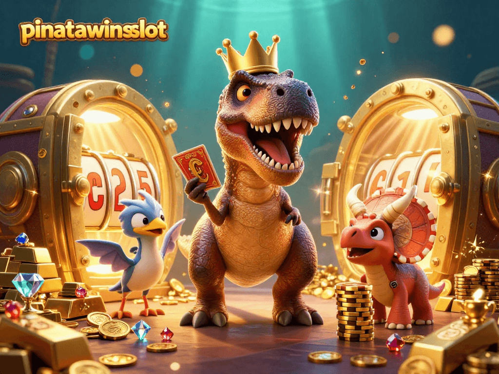 Win big with pinatawinsslot while T-Rex shuffles cards and triceratops stacks chips.