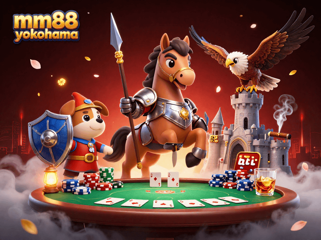 Engage in thrilling action at mm88 yokohama with a knight, squire, and falcon amid a vibrant poker scene.