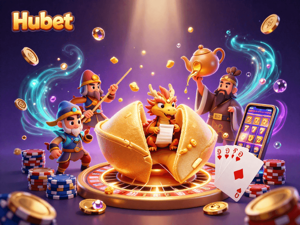 Experience thrilling wins with Hubet's vibrant casino scene featuring games, riches, and magical elements.