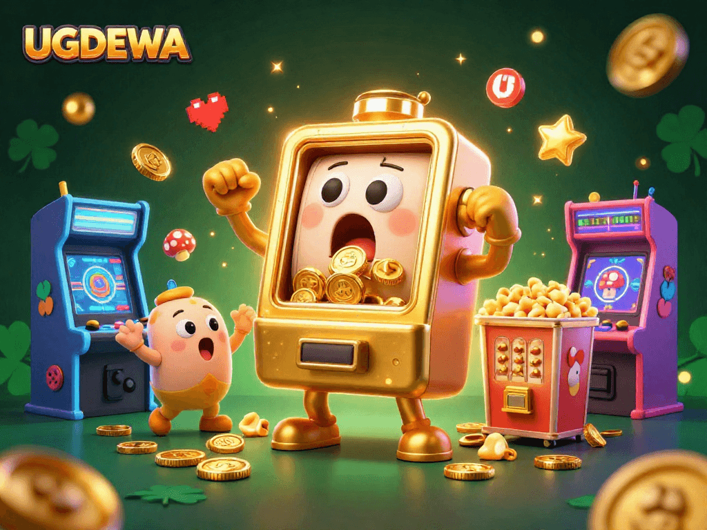 UGDEWA slots jackpot celebration with cartoon machines and a popcorn machine, dynamic and vibrant