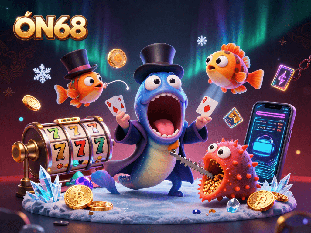 Experience thrilling slot games at ON68 with dazzling casino-themed characters and vibrant graphics.