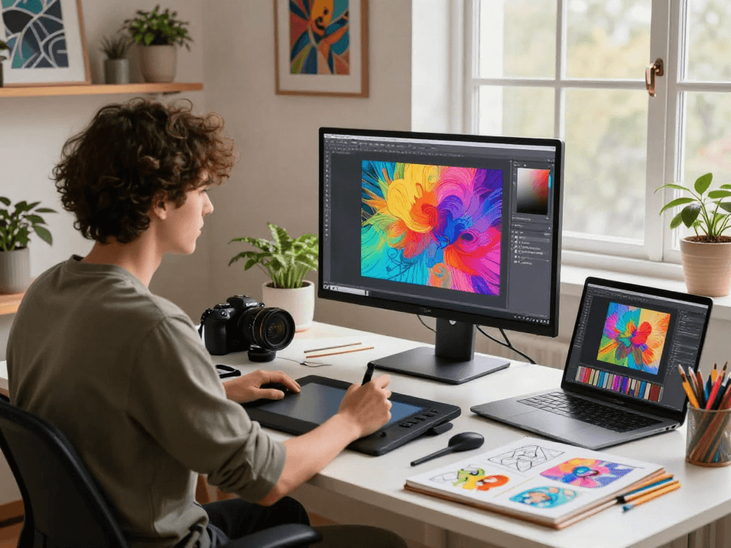 Creative digital workspace showcasing an artist using an ai porn generator to design vibrant art.