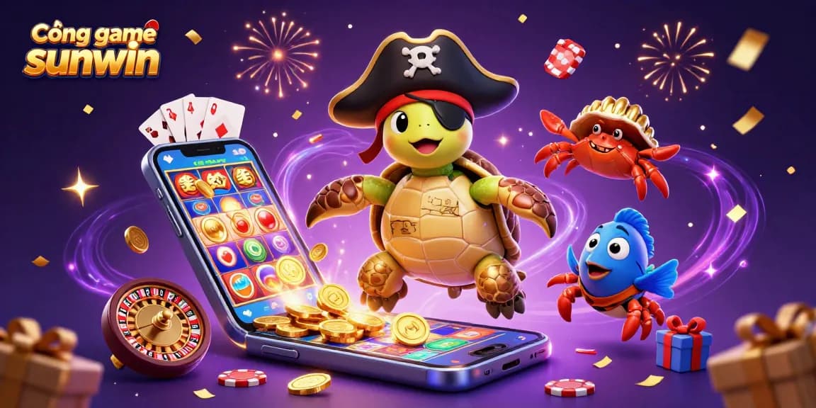 Experience Cổng game sunwin with dynamic 3D characters amid colorful casino elements and treasures.
