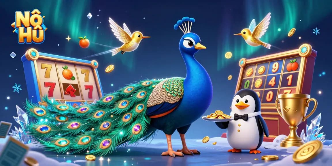 Nổ Hũ spins to win with a peacock, butler, and hummingbird in a vibrant slot scene.
