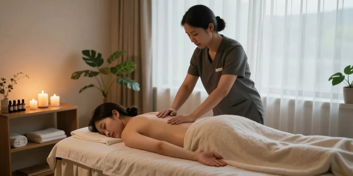강동구출장안마 therapy session in a serene massage studio with natural light.