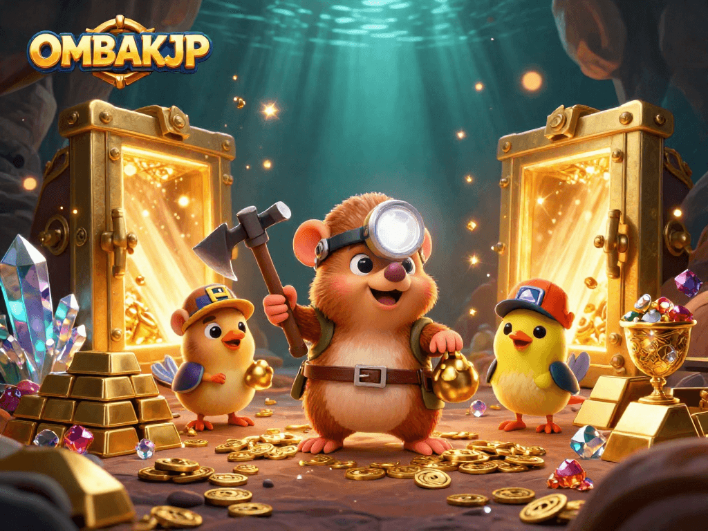 Join the treasure hunting adventure with OMBAKJP mining golden riches and glowing gems!