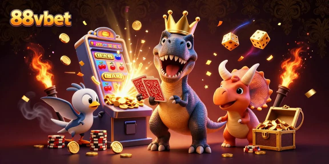 Spin to win with 88vbet as the T-Rex shuffles cards amid a bounty of casino treasures.