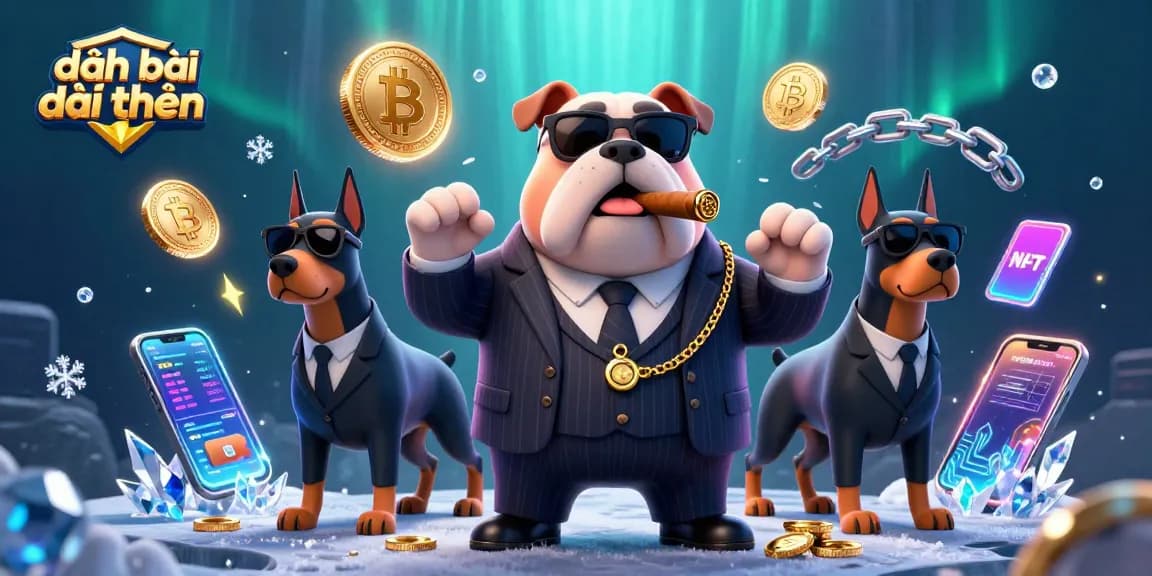 Engage in đánh bài đổi thưởng with a cartoon mafia boss and bodyguards surrounded by crypto elements.