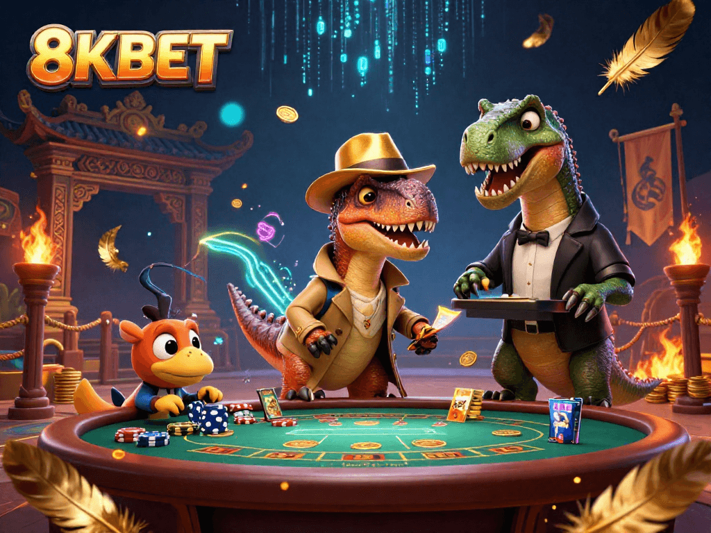Experience excitement at 8KBET with a dynamic casino scene featuring a velociraptor card counter.