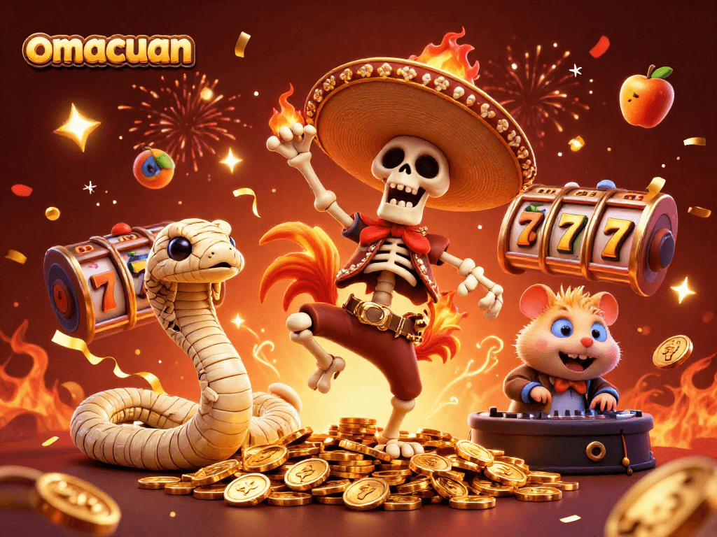 Menangkan jackpot dengan omacuan di ilustrasi kasino yang meriah dan penuh kemenangan.