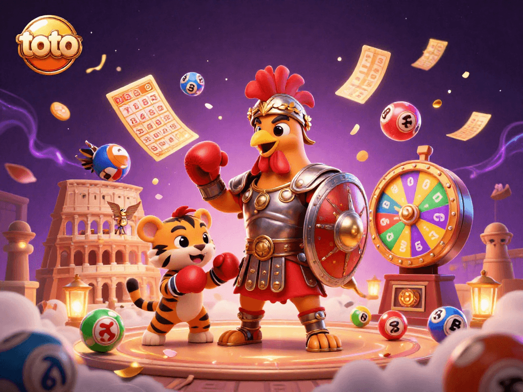 Rotasi togel dengan karakter ayam jantan gladiator dan bola lotere berwarna-warni di arena.