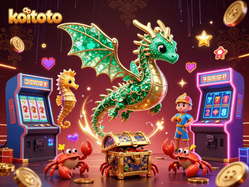 Memenangkan permainan di koitoto dengan slot gacor dan jackpot tinggi yang diperlihatkan dalam ilustrasi kasino megah.