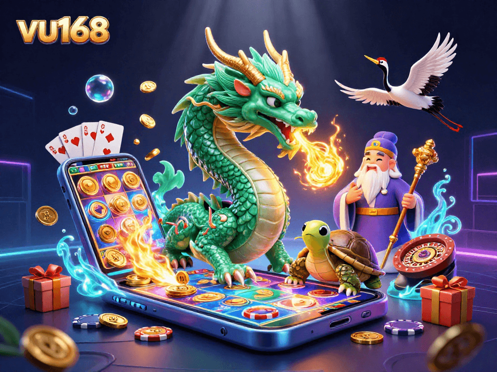 Experience the thrill of gambling with vu168 featuring rich visuals of games and lucky symbols in a vibrant scene.