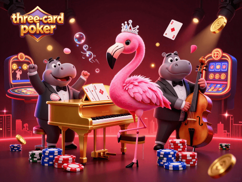 Engage with three-card-poker action in a vibrant casino scene featuring a lounge singer and musicians.