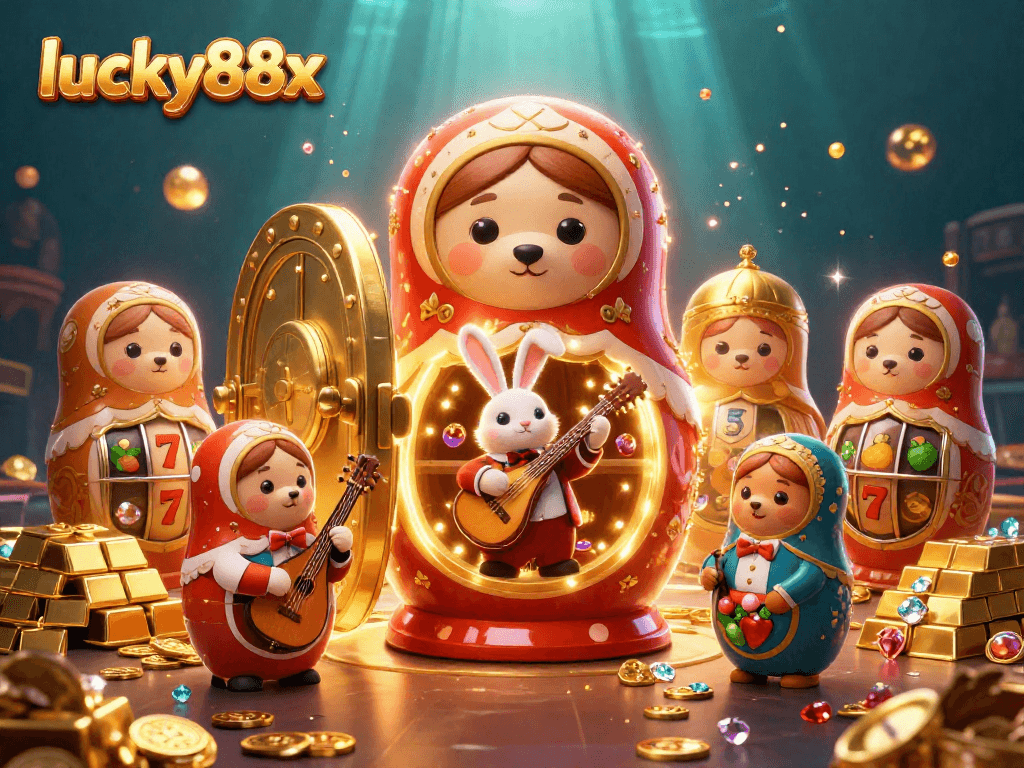 Play exciting slots at lucky88x amid vibrant casino elements featuring animated bears and riches.