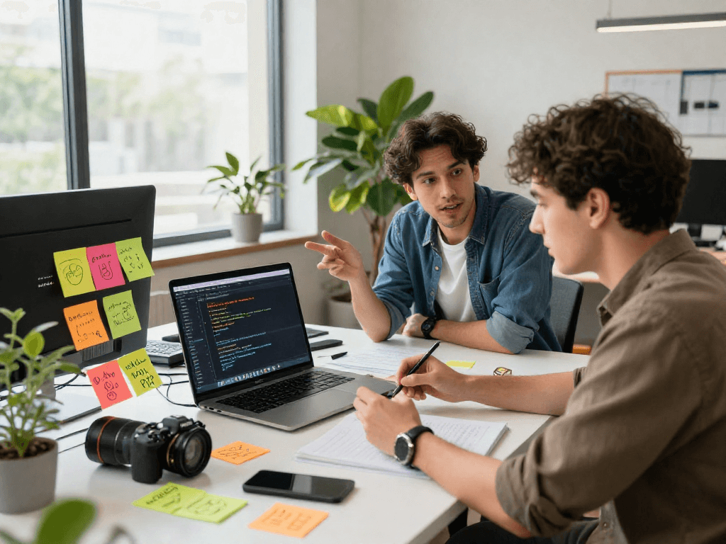 Dynamic workspace showcasing spicy AI innovations with tech professional brainstorming ideas amidst creative chaos.
