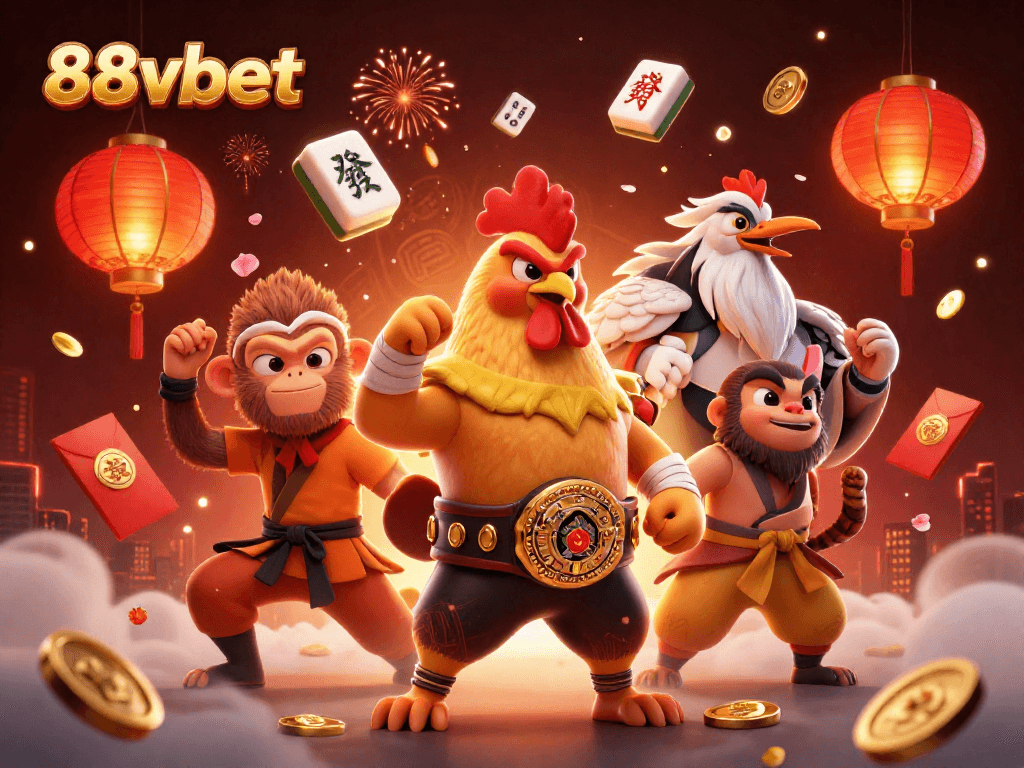 Experience the thrilling atmosphere of 88vbet with a fierce Muay Thai rooster and Shaolin monkey, celebrating the excitement of casino gaming.
