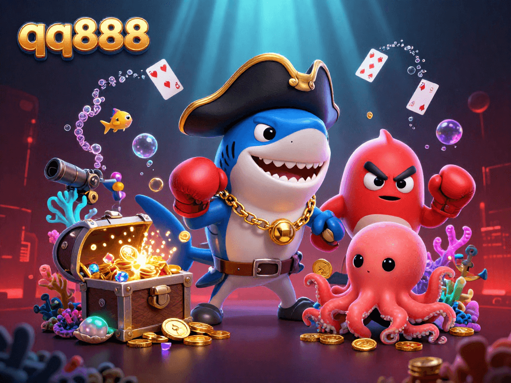 Engage with qq888's vibrant underwater casino scene, showcasing characters of luck and winnings.