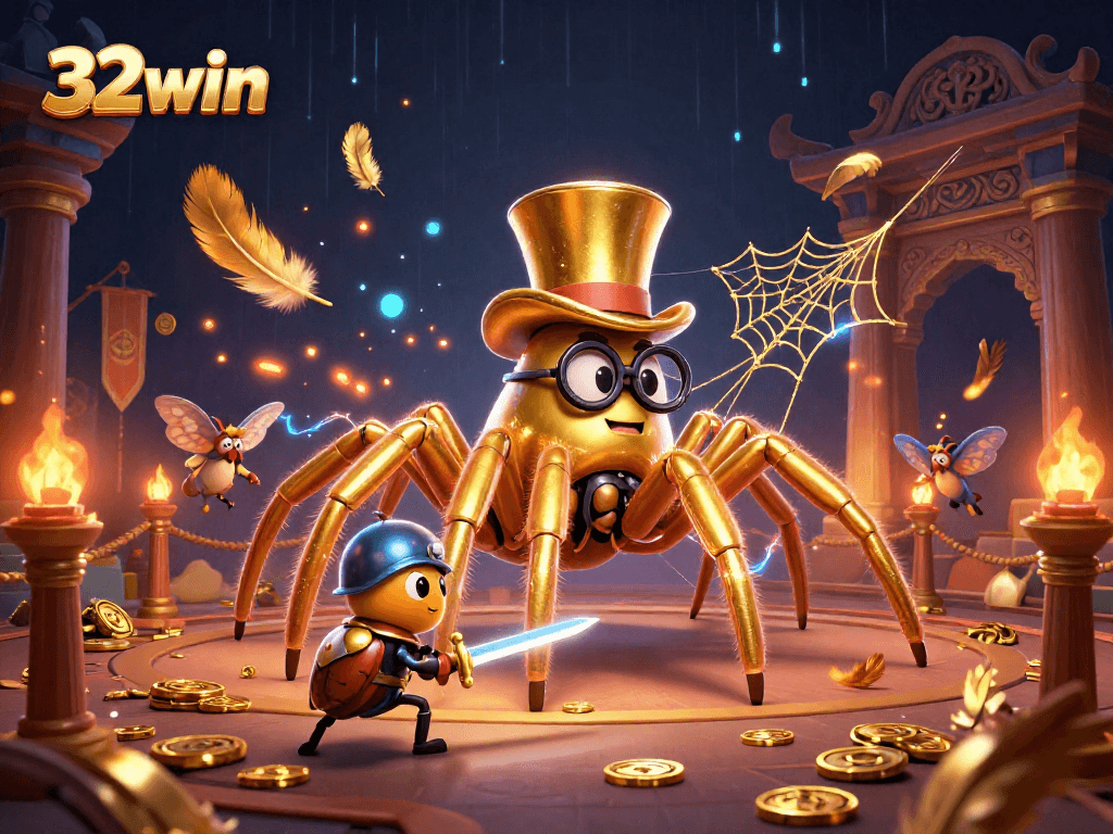 Experience thrilling gaming with 32win as the golden tarantula weaves its spell in a vibrant casino scene.