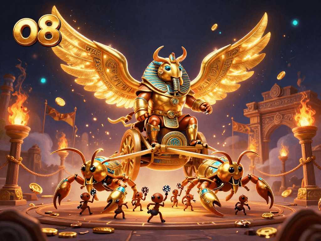 Experience thrilling gameplay at o8's casino with a vibrant 3D illustration of a golden beetle chariot.