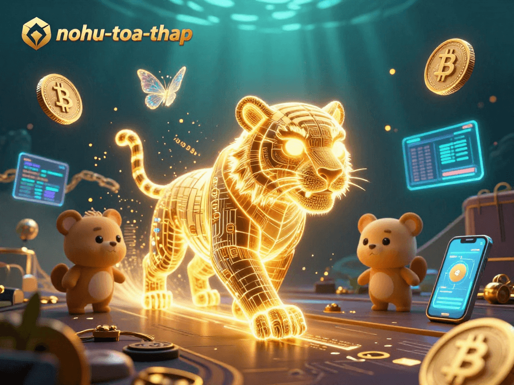 Engage in nohu-toa-thap gaming excitement with a golden tiger in a digital casino landscape.