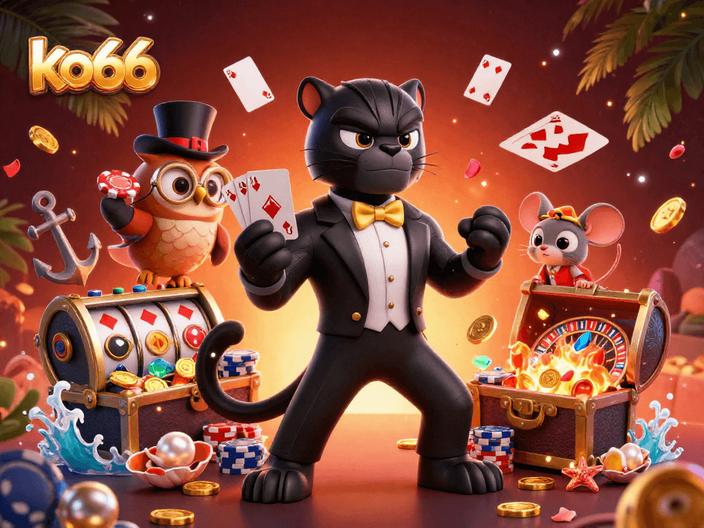 Experience exciting gameplay at ko66 while the stylish panther deals cards elegantly amidst vibrant casino imagery.