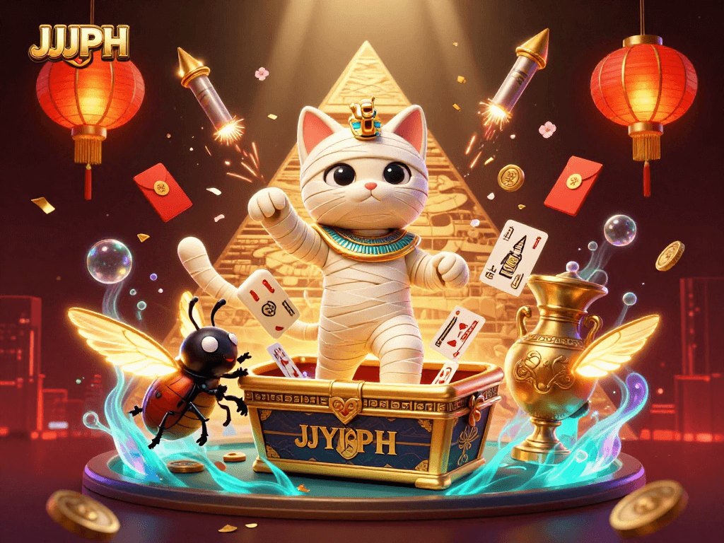 Sa JJJPH, gumugulong ang mga pampalakas ng suwerte sa pyramidal na casino kasama ang mga mahiwagang elemento.