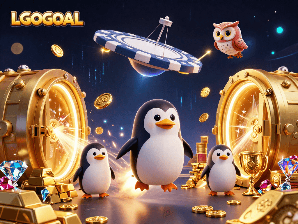 Experience the excitement at LGOGOAL with a golden penguin and vibrant casino elements.