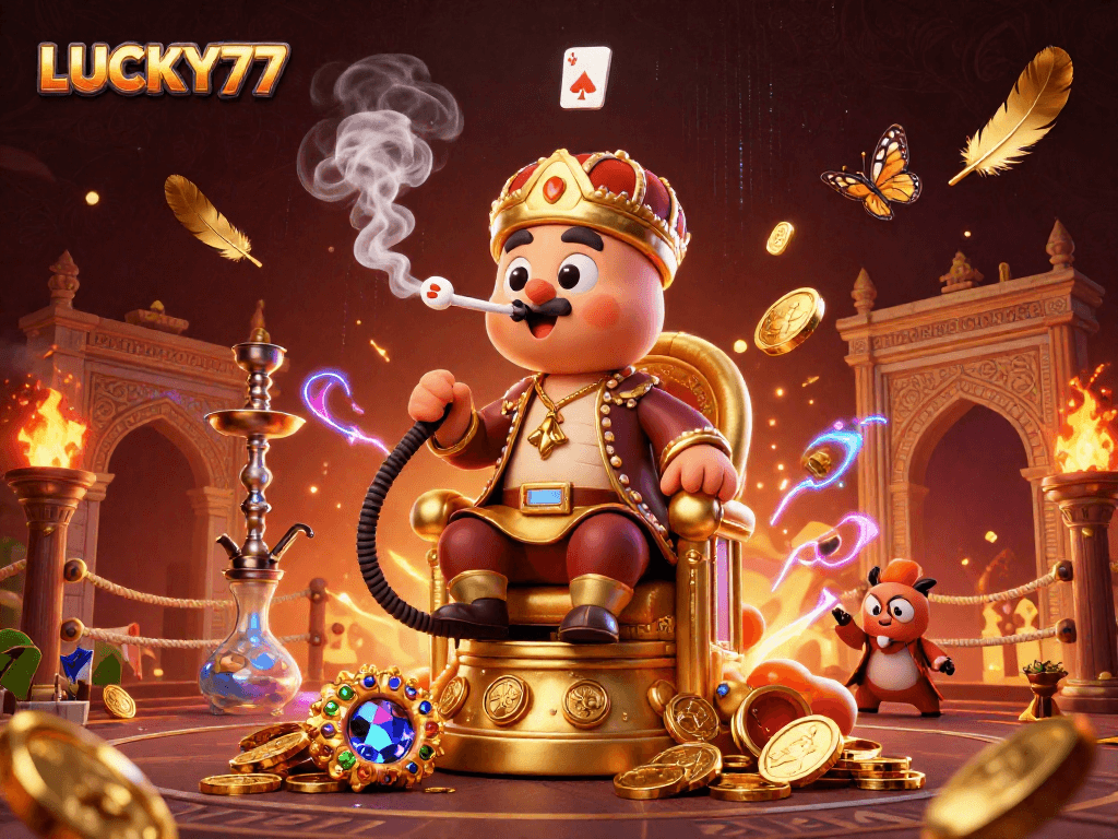 Experience the excitement of LUCKY77 with a vibrant 3D illustration capturing casino magic and rich detail.
