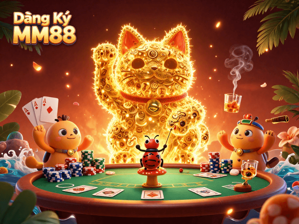 Engage in thrilling gameplay with Đăng Ký MM88 amid vibrant casino symbols and golden fireflies.