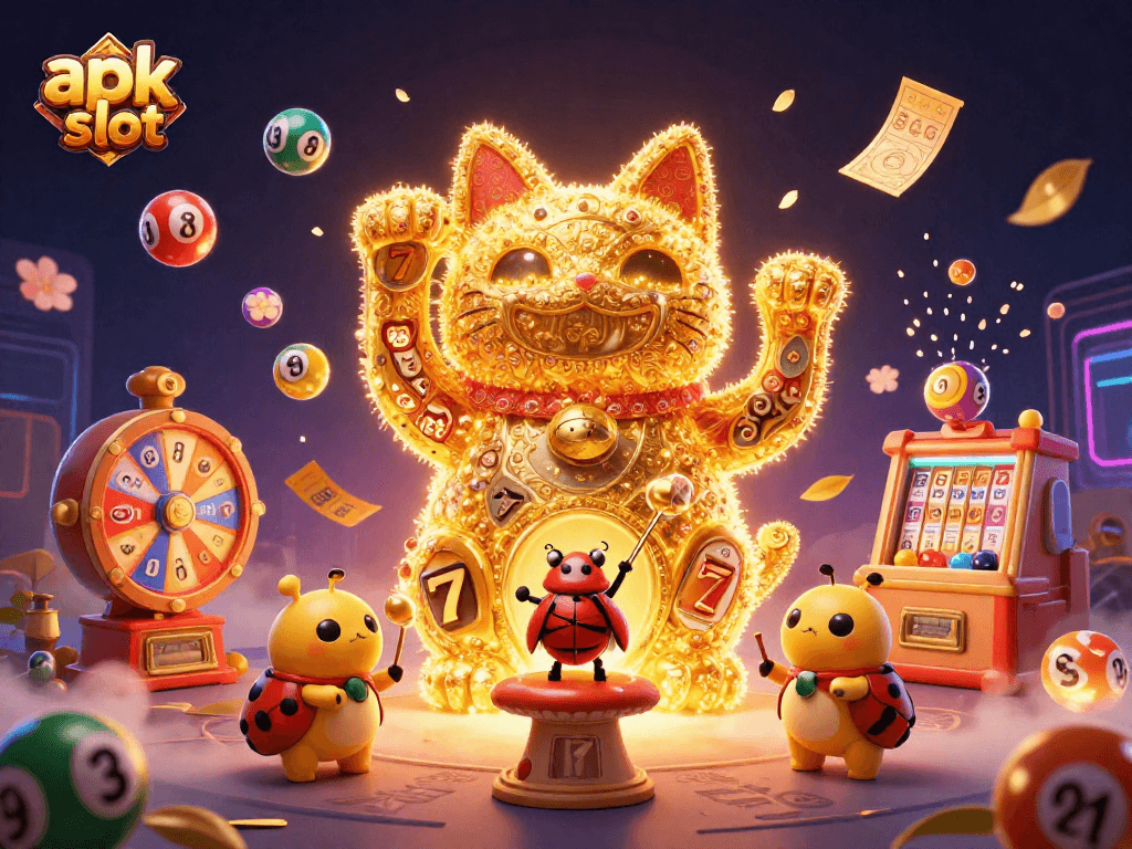 Visualisasi menarik judi apk slot dengan kucing keberuntungan dan elemen kasino.