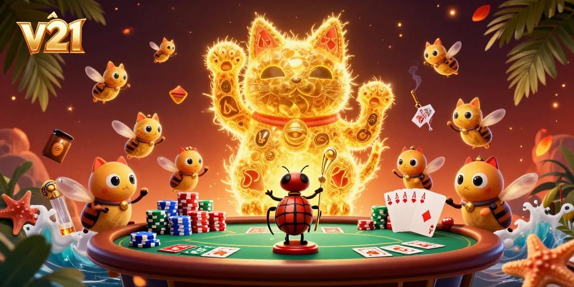 Menangkan v21 dengan ilustrasi kucing keberuntungan dari kunang-kunang di kasino yang meriah.
