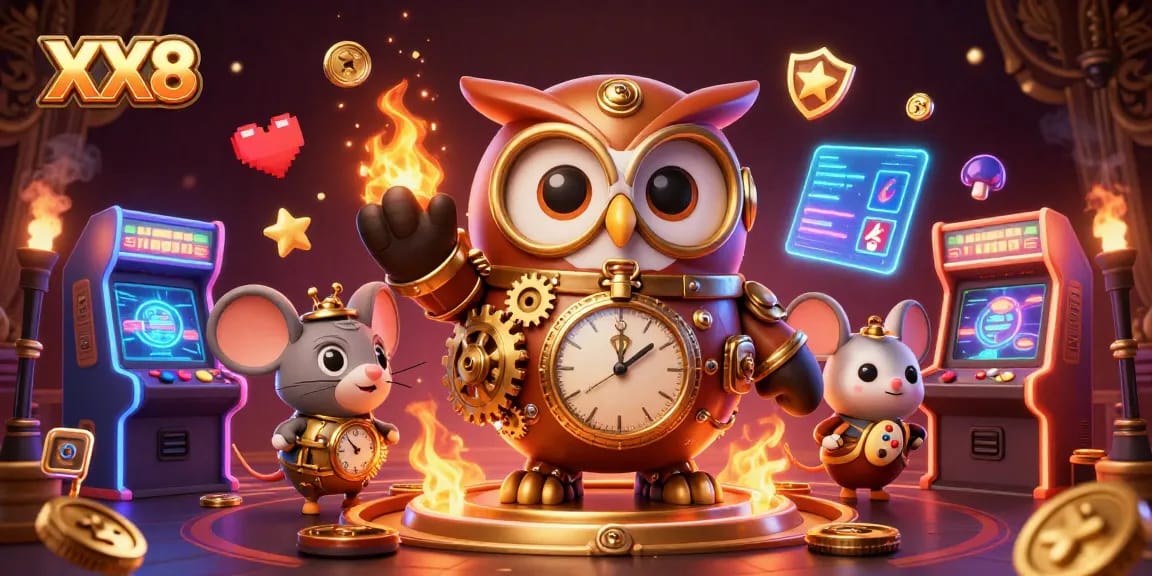 Engage in exhilarating gaming at XX8, featuring a whimsical steampunk owl and vibrant casino elements.