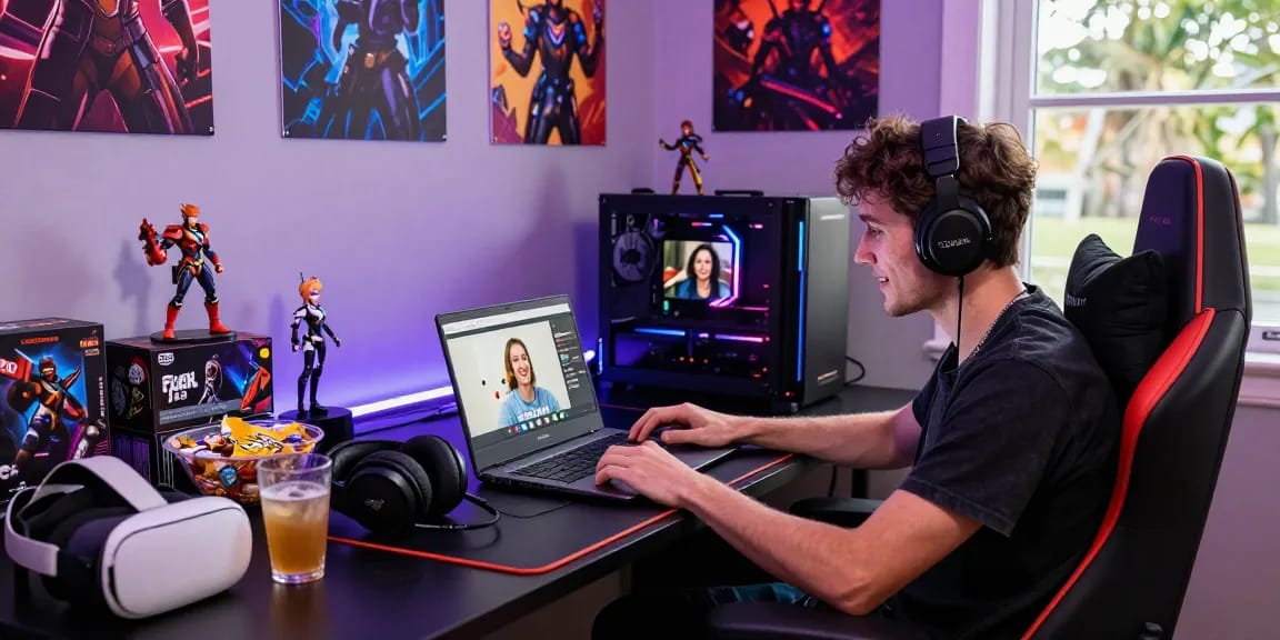 Explore gacha168 gaming platform on a laptop amid vibrant gamer decor.