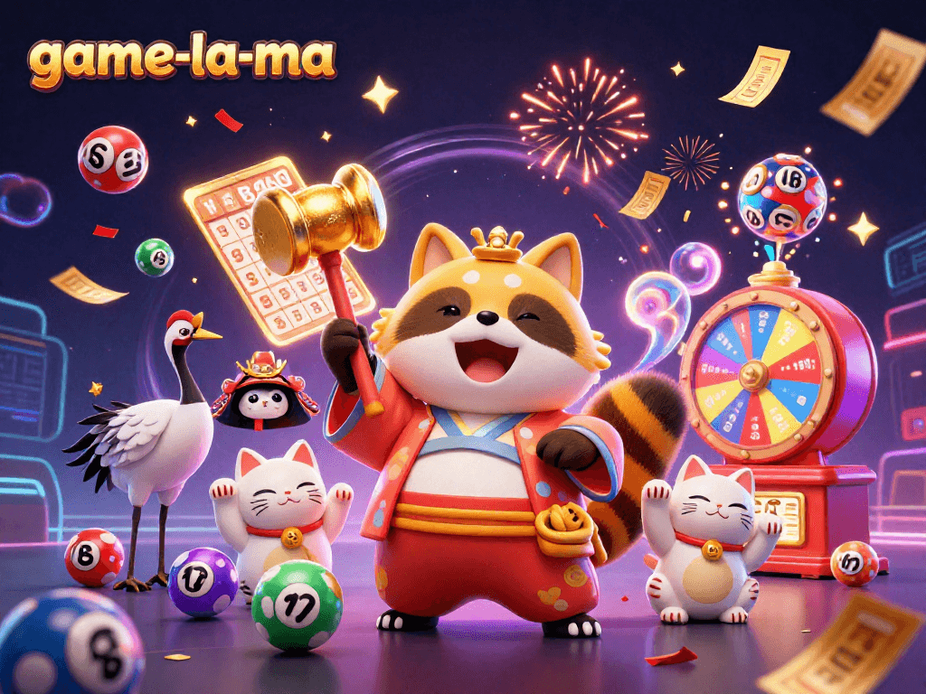 game-la-ma celebrates luck with vibrant gaming elements and cheerful characters in this dynamic casino illustration.