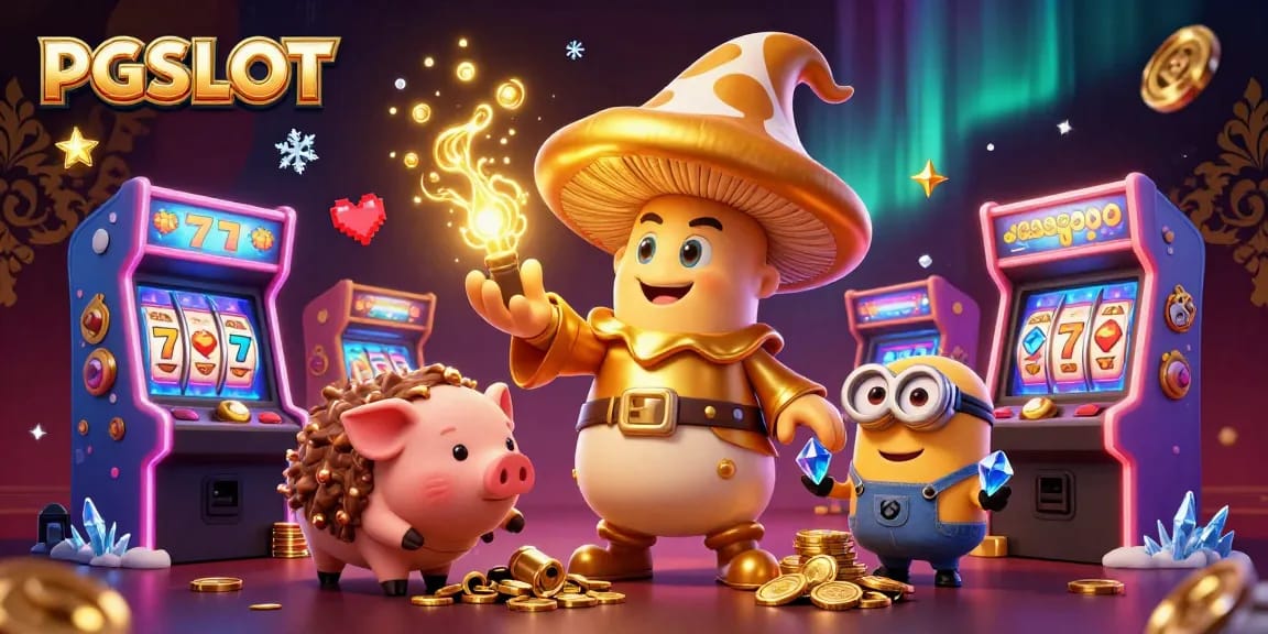 Experience PGSLOT's magical world with a golden mushroom wizard and treasure-sniffing pig amidst dazzling casino elements.